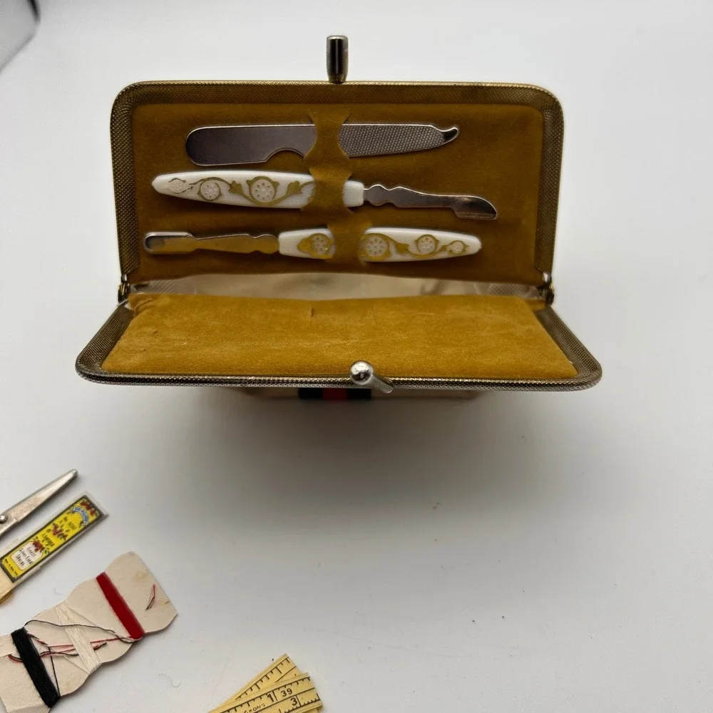 Vintage Travel Vanity Sewing Kit Canvas Green Red Web Stripe Kiss Lock Gold Tone